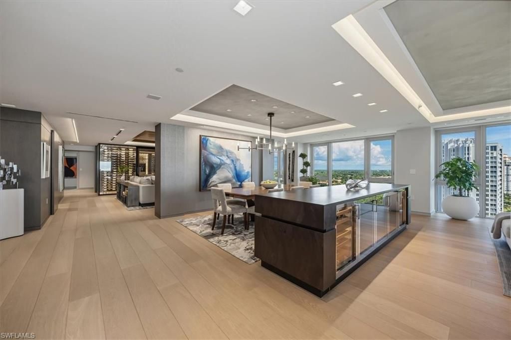 Dining room, Interior, Pendant Lights, Recessed Lighting, Water, Wood Texture Flooring