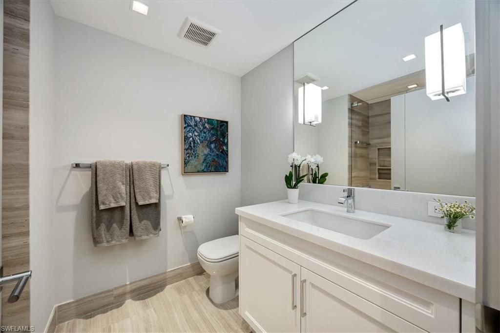 Bathroom, Glass Shower, Interior, Recessed Lighting, Wood Texture Flooring