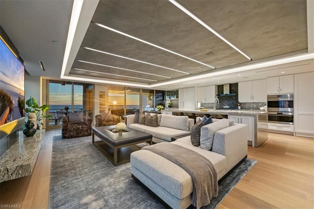 Interior, Kitchen, Living room, Recessed Lighting, Stainless Steel Appliances, Water, Wood Texture Flooring
