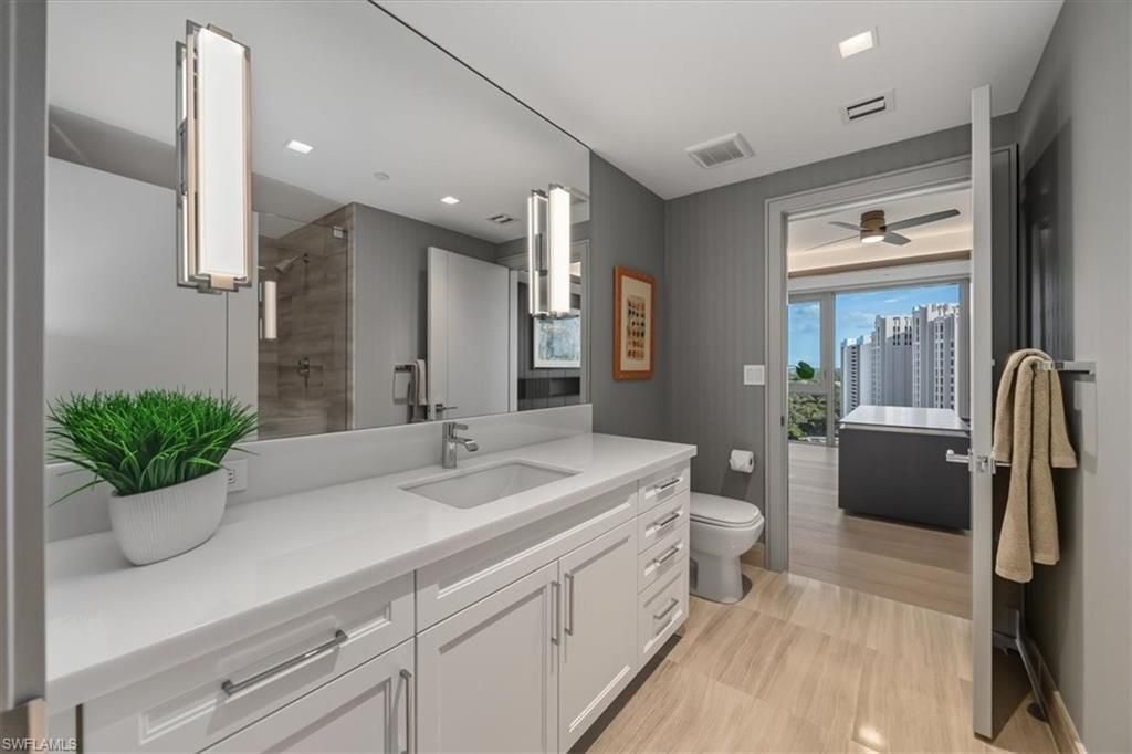Bathroom, Glass Shower, Interior, Recessed Lighting, Wood Texture Flooring