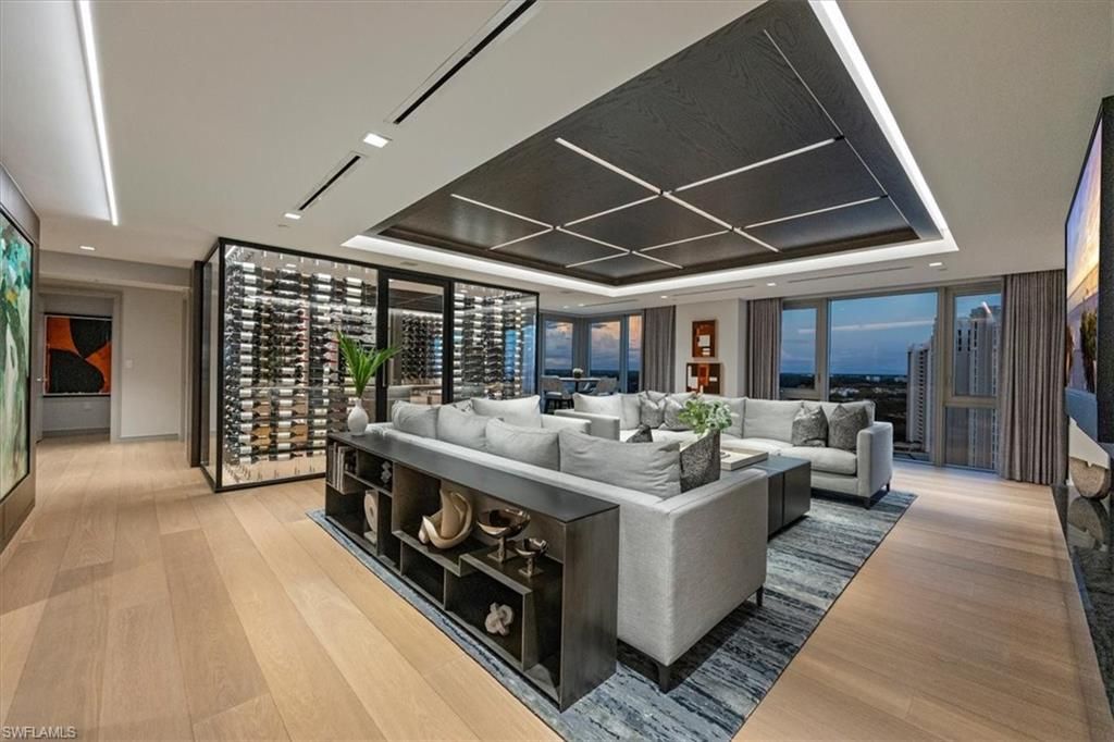 Interior, Living room, Recessed Lighting, Wine Storage, Wood Texture Flooring