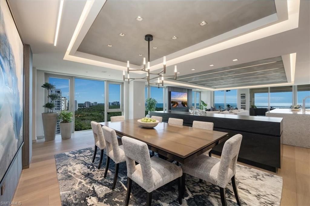 Dining room, Interior, Living room, Pendant Lights, Recessed Lighting, Water, Wood Texture Flooring