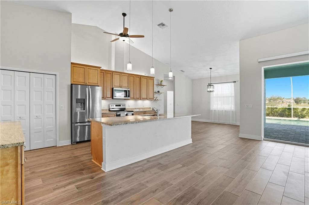 Interior, Kitchen, Pendant Lights, Stainless Steel Appliances, Wood Texture Flooring