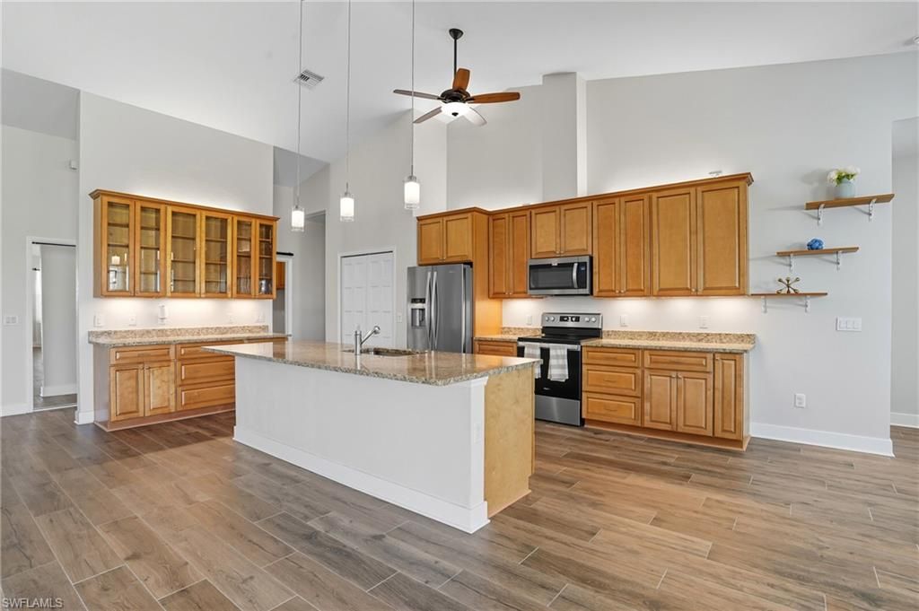 Interior, Kitchen, Pendant Lights, Stainless Steel Appliances, Wood Texture Flooring