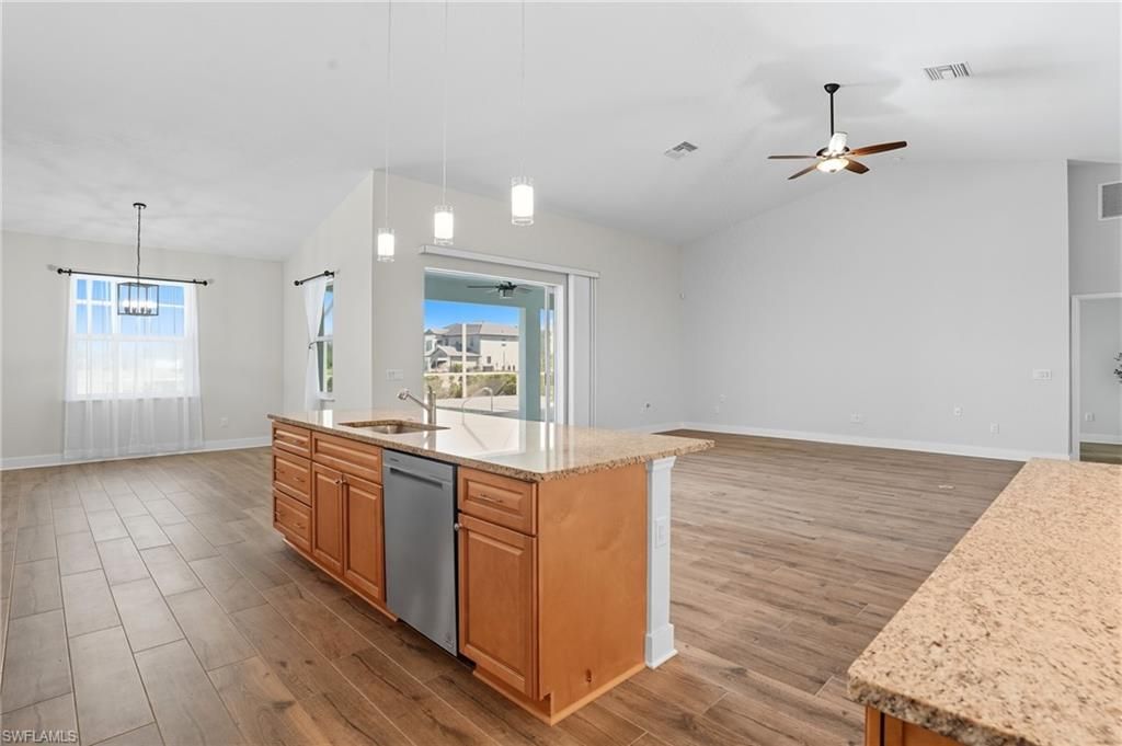 Interior, Kitchen, Pendant Lights, Wood Texture Flooring
