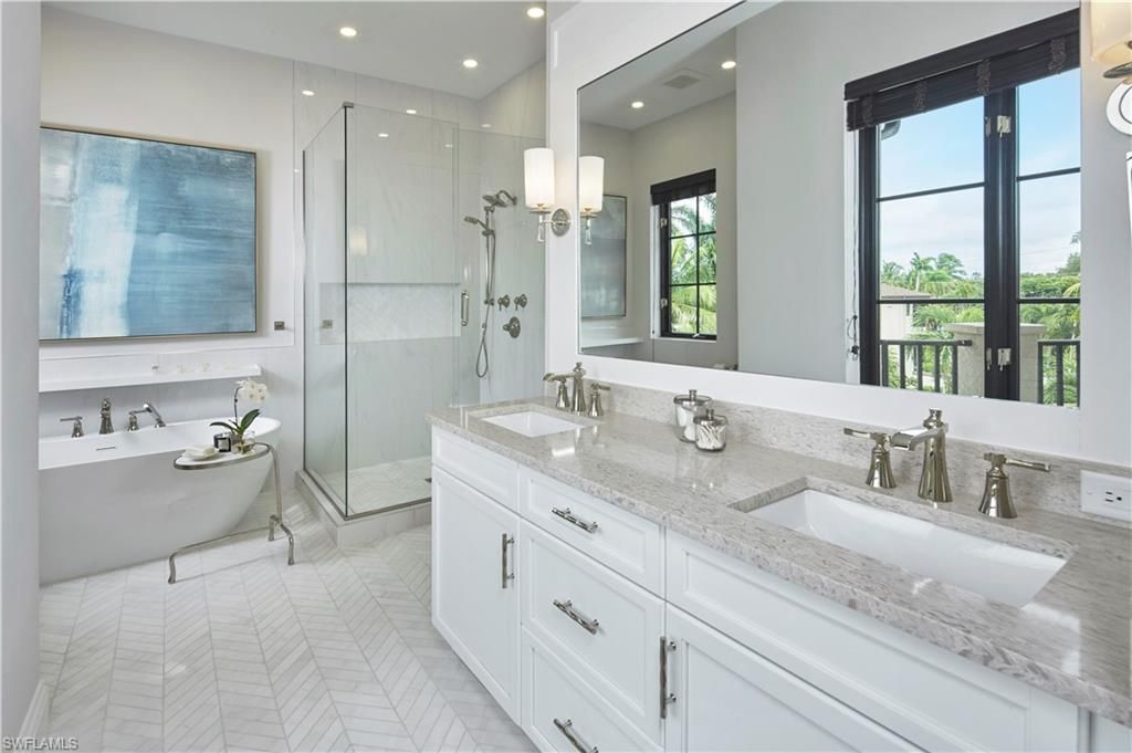 Bathroom, Dual Sink Vanities, Glass Shower, Interior, Marble, Recessed Lighting