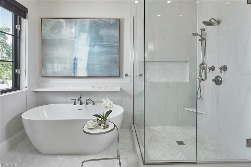 Bathroom, Free Standing Baths, Glass Shower, Interior, Marble Walls