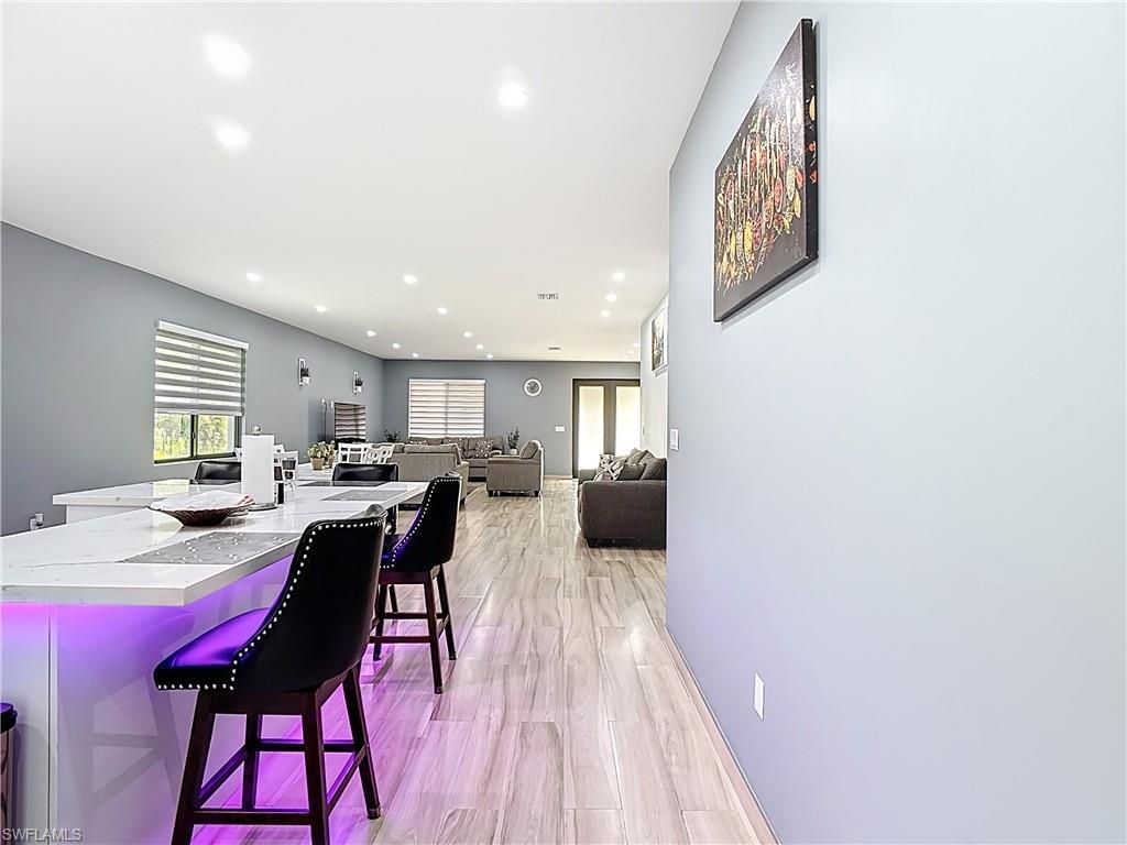 Dining room, Interior, Living room, Recessed Lighting, Wood Texture Flooring
