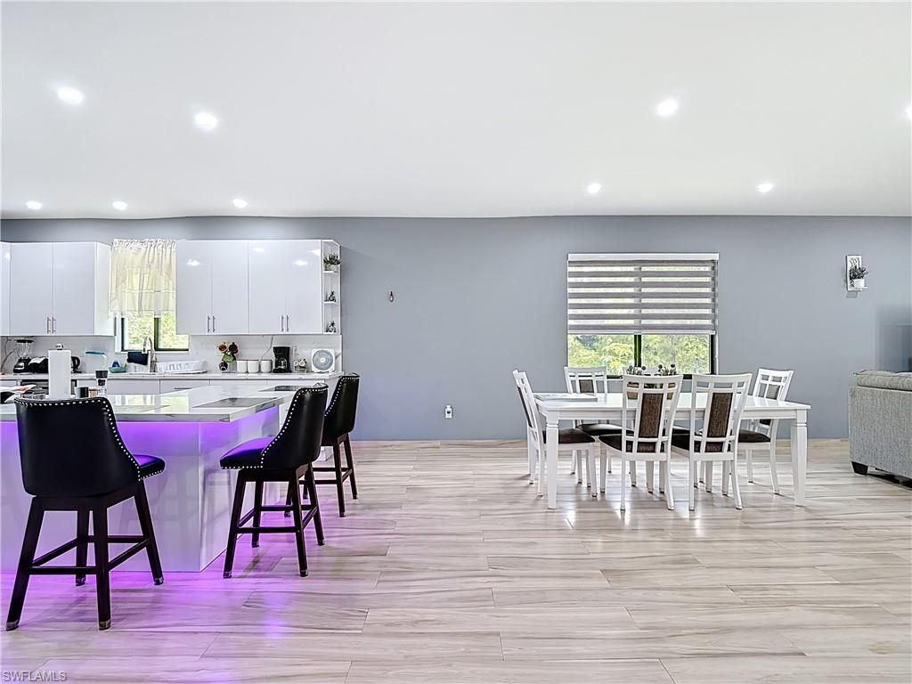 Dining room, Interior, Kitchen, Recessed Lighting, Wood Texture Flooring