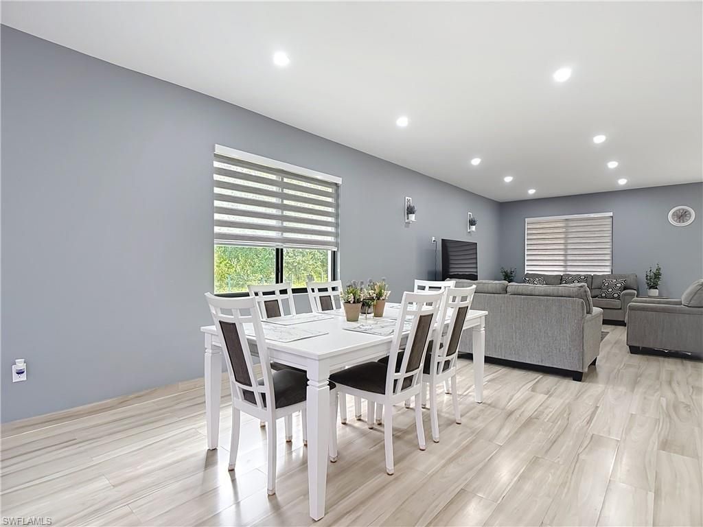 Dining room, Interior, Living room, Recessed Lighting, Wood Texture Flooring
