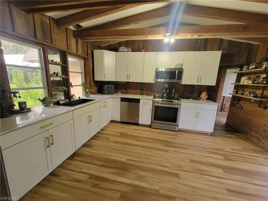 Interior, Kitchen, Stainless Steel Appliances, Wooden Beams, Wood Texture Flooring