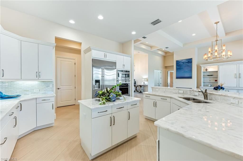 Chandelier, Interior, Kitchen, Recessed Lighting, Stainless Steel Appliances, Wood Texture Flooring