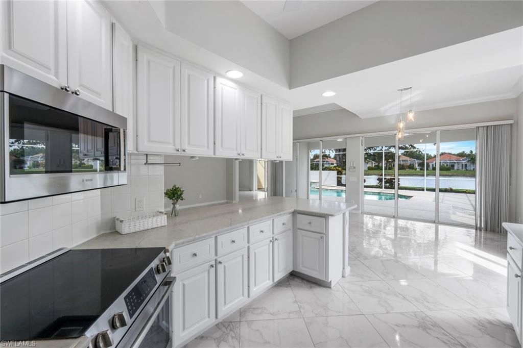 Interior, Kitchen, Marble, Pendant Lights, Recessed Lighting, Stainless Steel Appliances, Water