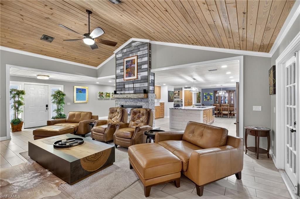 Fireplace, Interior, Kitchen, Living room, Pendant Lights, Recessed Lighting, Wooden Ceilings, Wood Texture Flooring