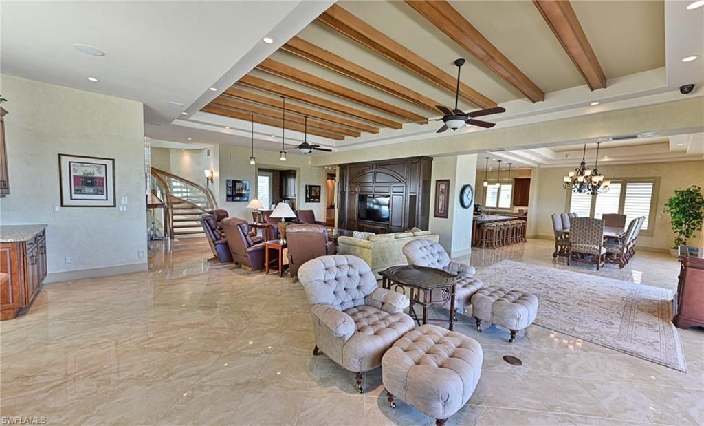 Chandelier, Dining room, Interior, Living room, Pendant Lights, Recessed Lighting, Wooden Beams