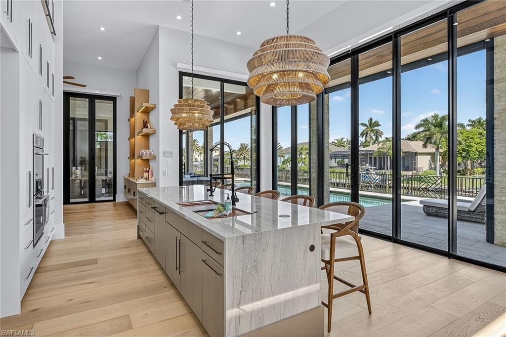 Chandelier, Interior, Kitchen, Pendant Lights, Recessed Lighting, Wood Texture Flooring