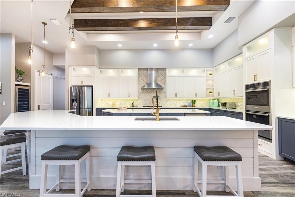 Interior, Kitchen, Pendant Lights, Recessed Lighting, Stainless Steel Appliances, Wooden Beams, Wood Texture Flooring