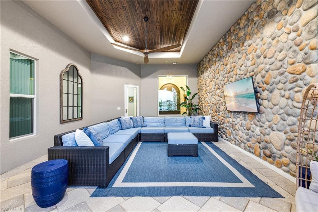 Interior, Living room, Recessed Lighting, Stone Walls