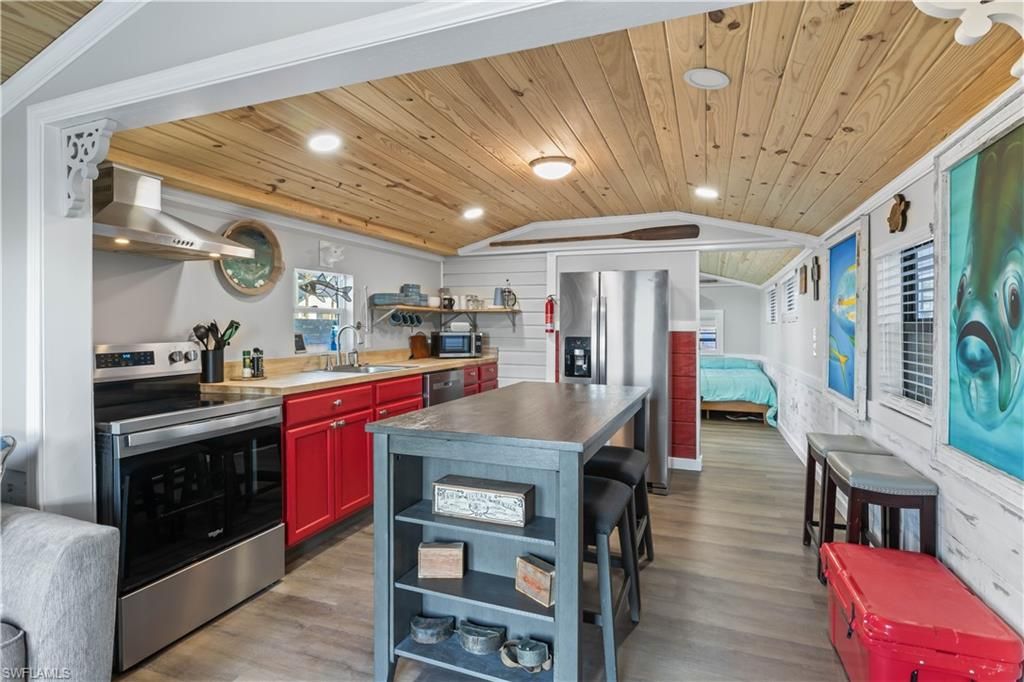 Interior, Kitchen, Recessed Lighting, Stainless Steel Appliances, Wooden Ceilings, Wood Texture Flooring