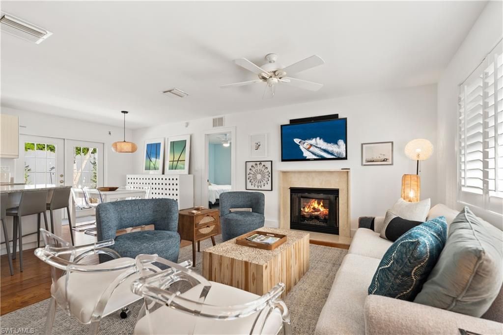 Fireplace, Interior, Living room, Pendant Lights, Wood Texture Flooring