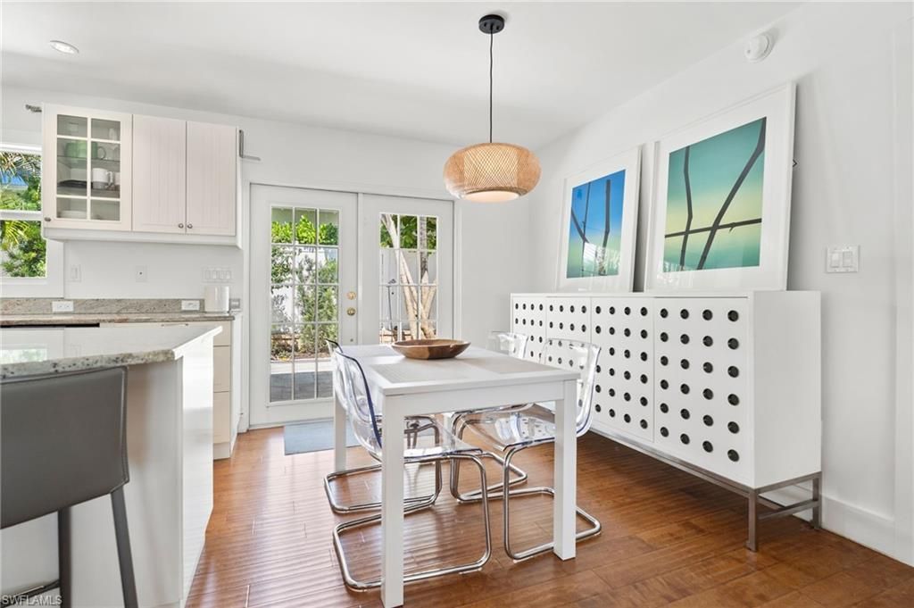 Dining room, Interior, Pendant Lights, Recessed Lighting, Wood Texture Flooring