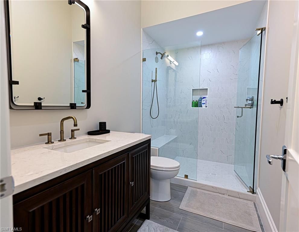 Bathroom, Glass Shower, Interior, Marble Walls, Recessed Lighting