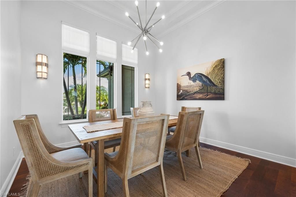 Dining room, Interior, Pendant Lights, Wood Texture Flooring