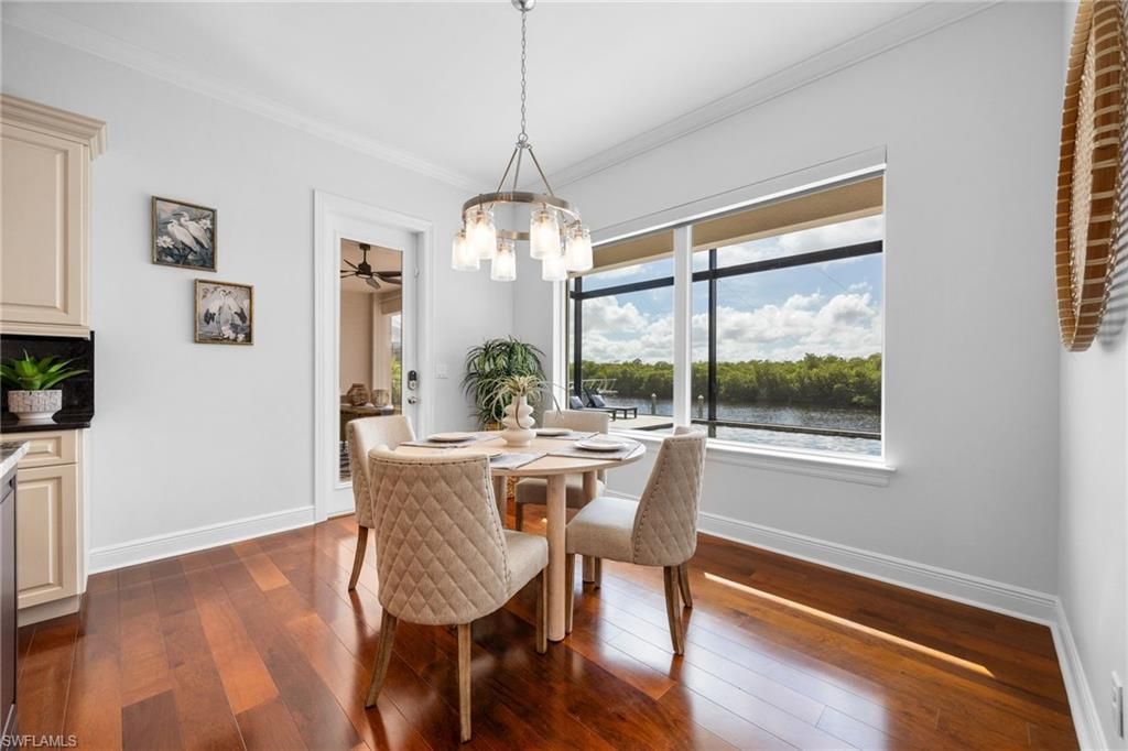 Dining room, Interior, Pendant Lights, Water, Wood Texture Flooring
