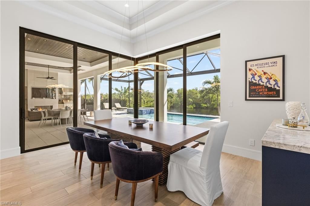 Dining room, Interior, Pendant Lights, Wood Texture Flooring