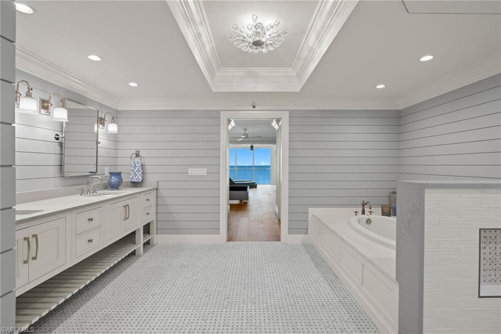 Bathroom, Dual Sink Vanities, Interior, Recessed Lighting, Water, Wood Texture Flooring