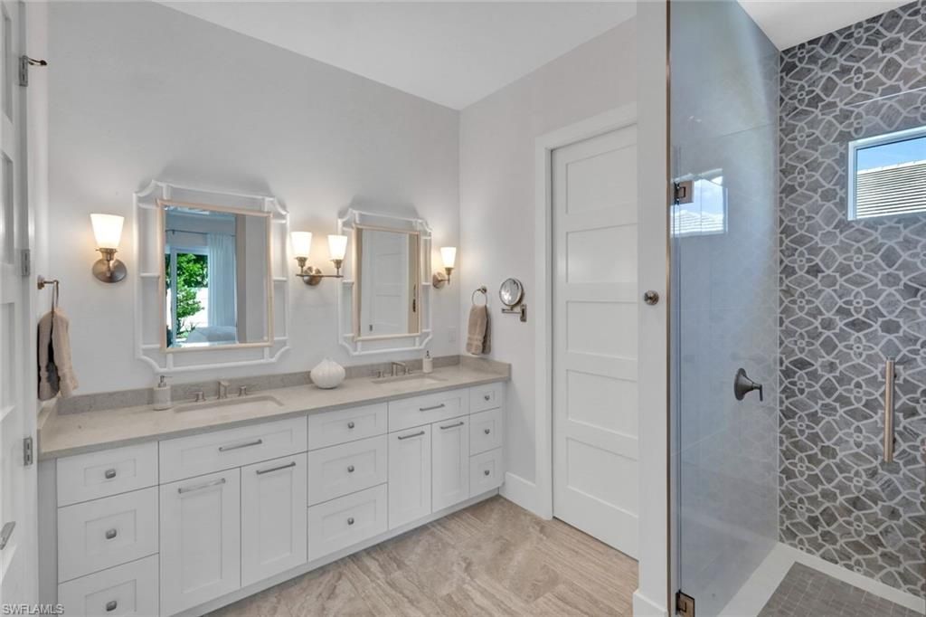 Bathroom, Dual Sink Vanities, Glass Shower, Interior, Wood Texture Flooring