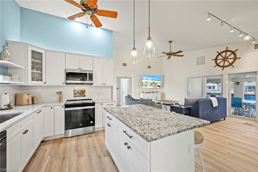 Interior, Kitchen, Living room, Pendant Lights, Stainless Steel Appliances, Wood Texture Flooring