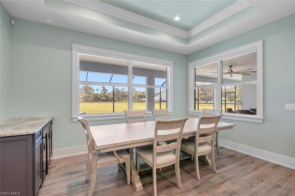 Dining room, Interior, Recessed Lighting, Wood Texture Flooring