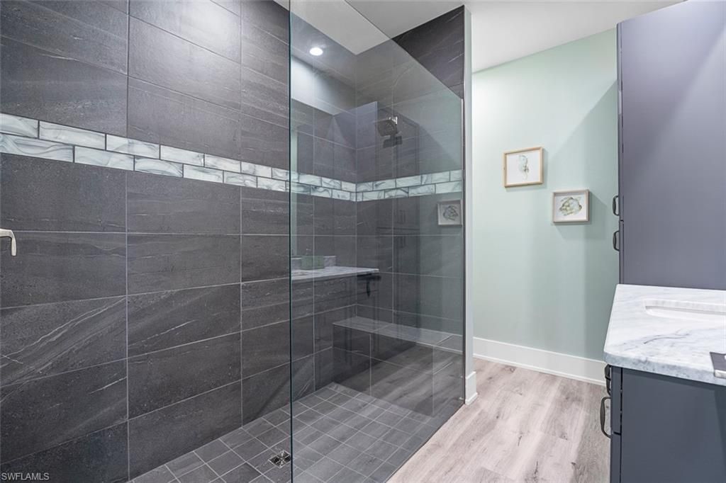 Bathroom, Glass Shower, Interior, Recessed Lighting, Wood Texture Flooring
