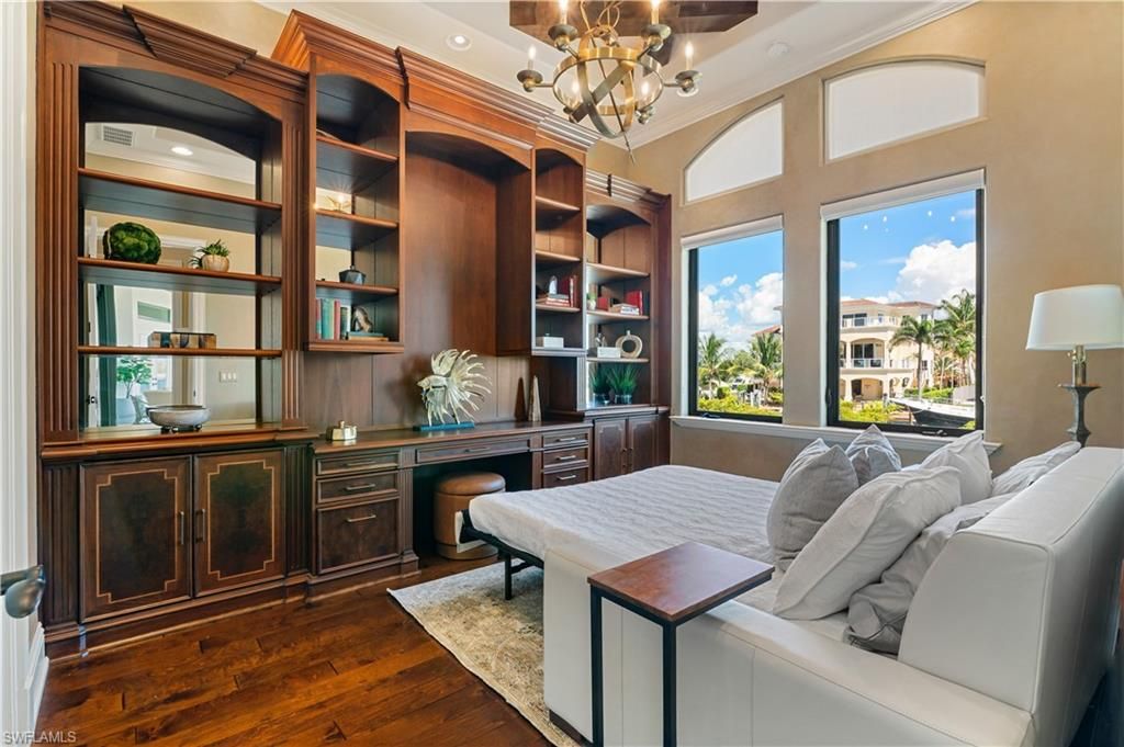 Chandelier, Home Office, Interior, Recessed Lighting, Wood Texture Flooring