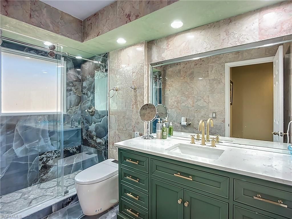 Bathroom, Glass Shower, Interior, Marble Walls, Recessed Lighting