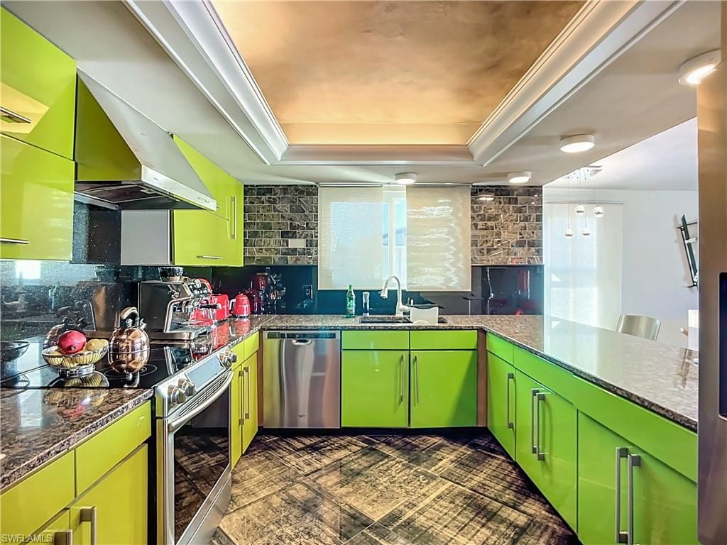 Interior, Kitchen, Recessed Lighting, Stainless Steel Appliances, Stone Walls