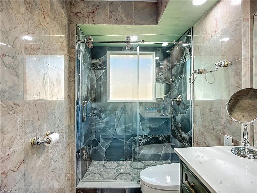 Bathroom, Glass Shower, Interior, Marble Walls, Recessed Lighting