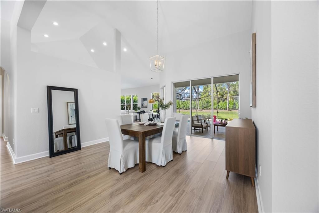 Dining room, Interior, Pendant Lights, Recessed Lighting, Wood Texture Flooring