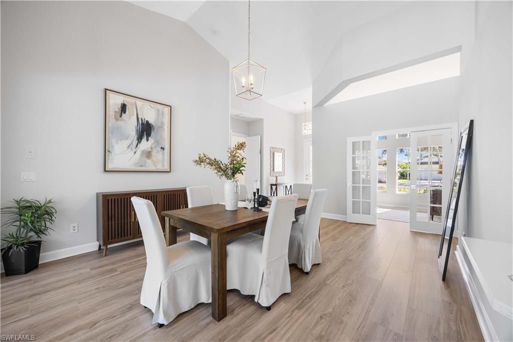 Dining room, Interior, Pendant Lights, Wood Texture Flooring