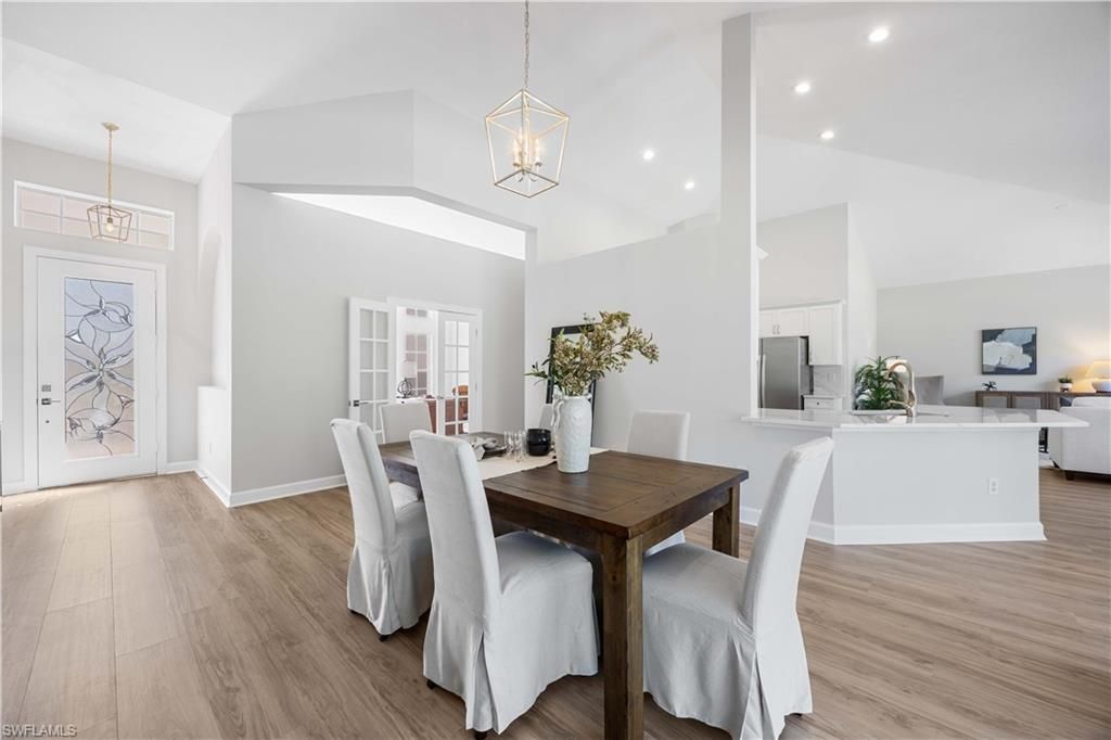 Dining room, Interior, Living room, Pendant Lights, Recessed Lighting, Wood Texture Flooring