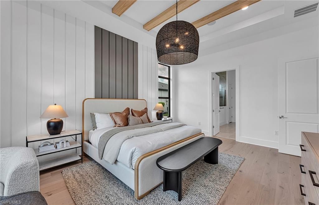 Bedroom, Interior, Pendant Lights, Wooden Beams, Wood Texture Flooring