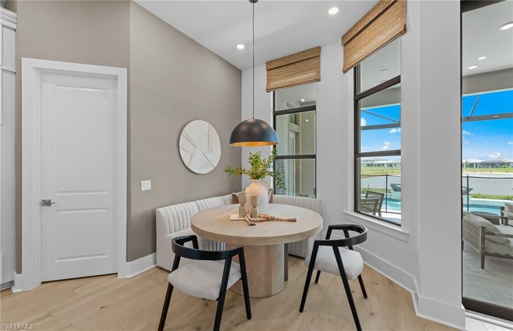 Dining room, Interior, Pendant Lights, Recessed Lighting, Water, Wood Texture Flooring