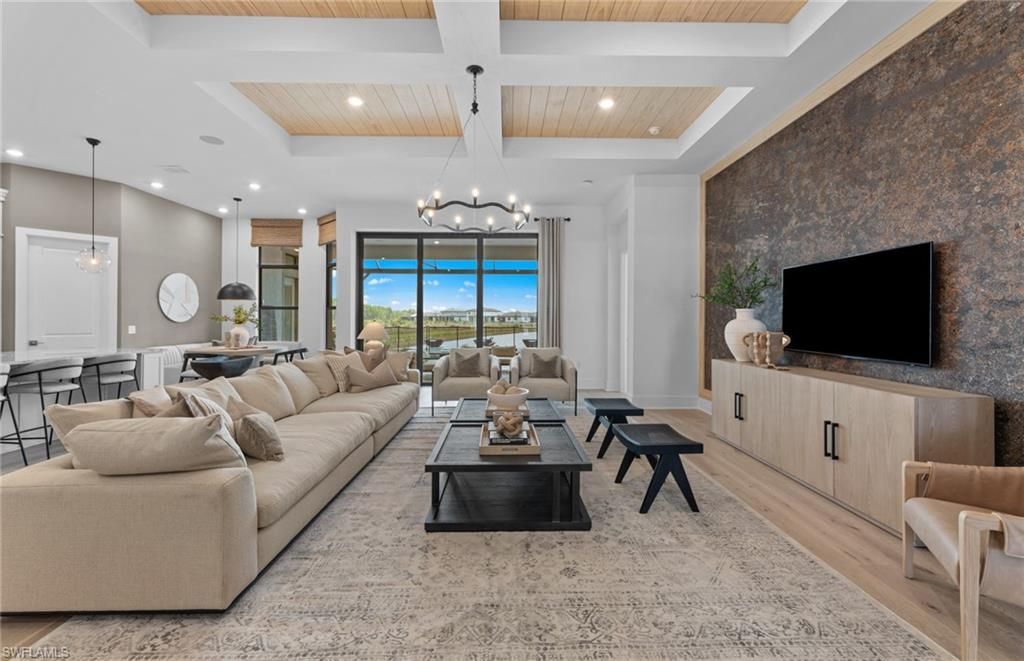 Chandelier, Interior, Living room, Pendant Lights, Recessed Lighting, Wooden Ceilings, Wood Texture Flooring