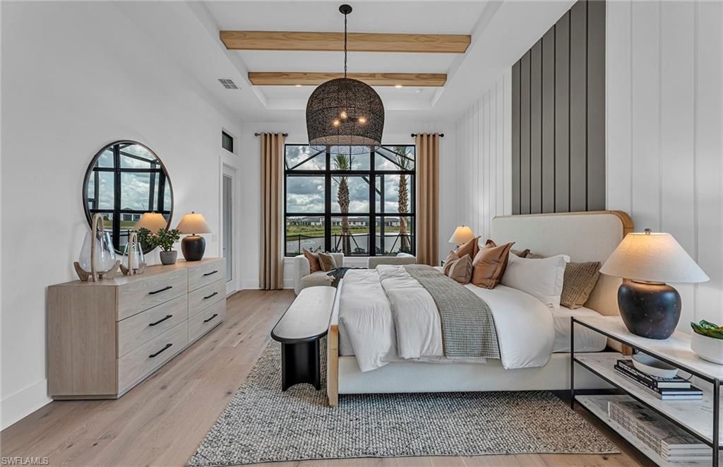 Bedroom, Interior, Pendant Lights, Wood Texture Flooring