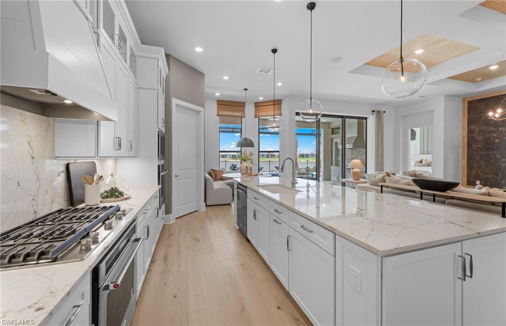 Interior, Kitchen, Pendant Lights, Recessed Lighting, Stainless Steel Appliances, Wooden Ceilings, Wood Texture Flooring
