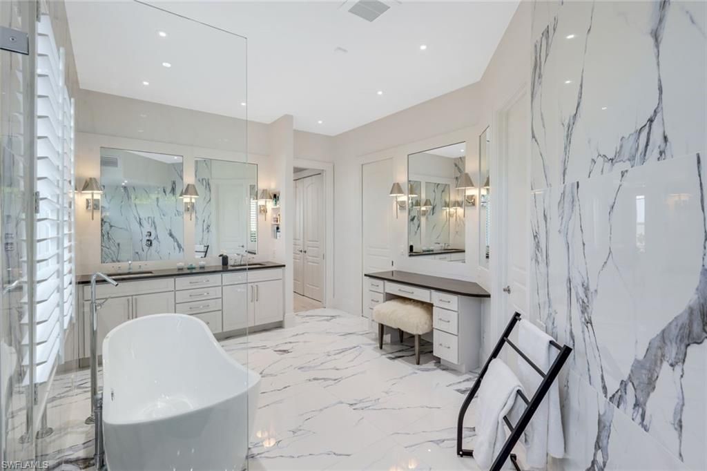 Bathroom, Dual Sink Vanities, Free Standing Baths, Interior, Marble, Marble Walls, Recessed Lighting