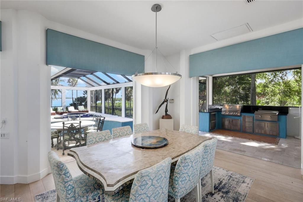 Dining room, Interior, Pendant Lights, Sun Room, Wood Texture Flooring