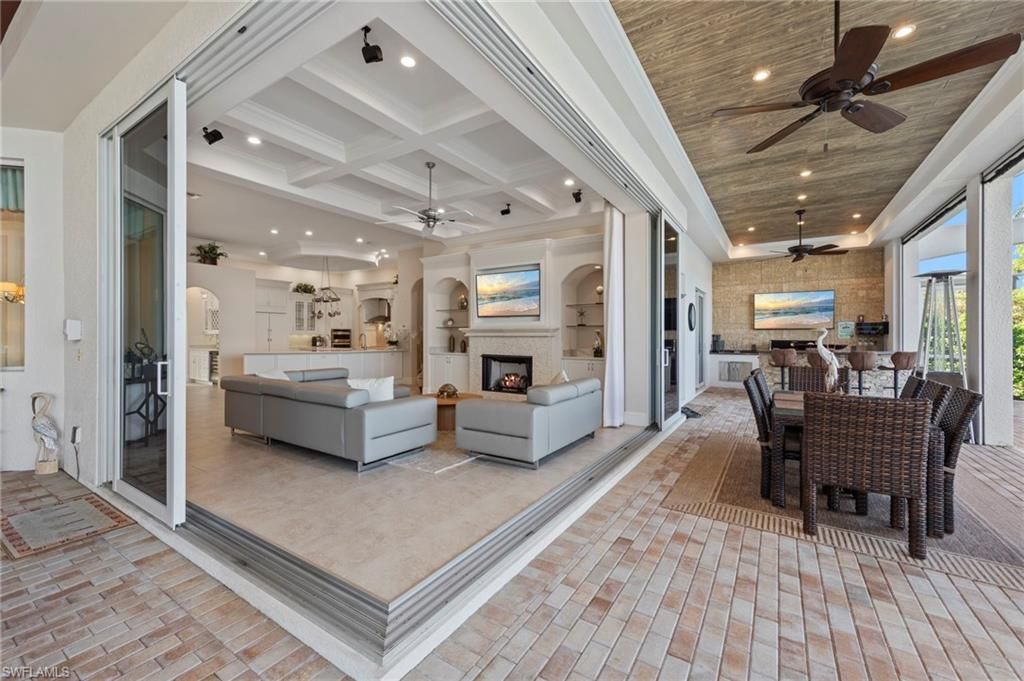 Dining room, Fireplace, Interior, Kitchen, Living room, Pendant Lights, Recessed Lighting, Stone Walls