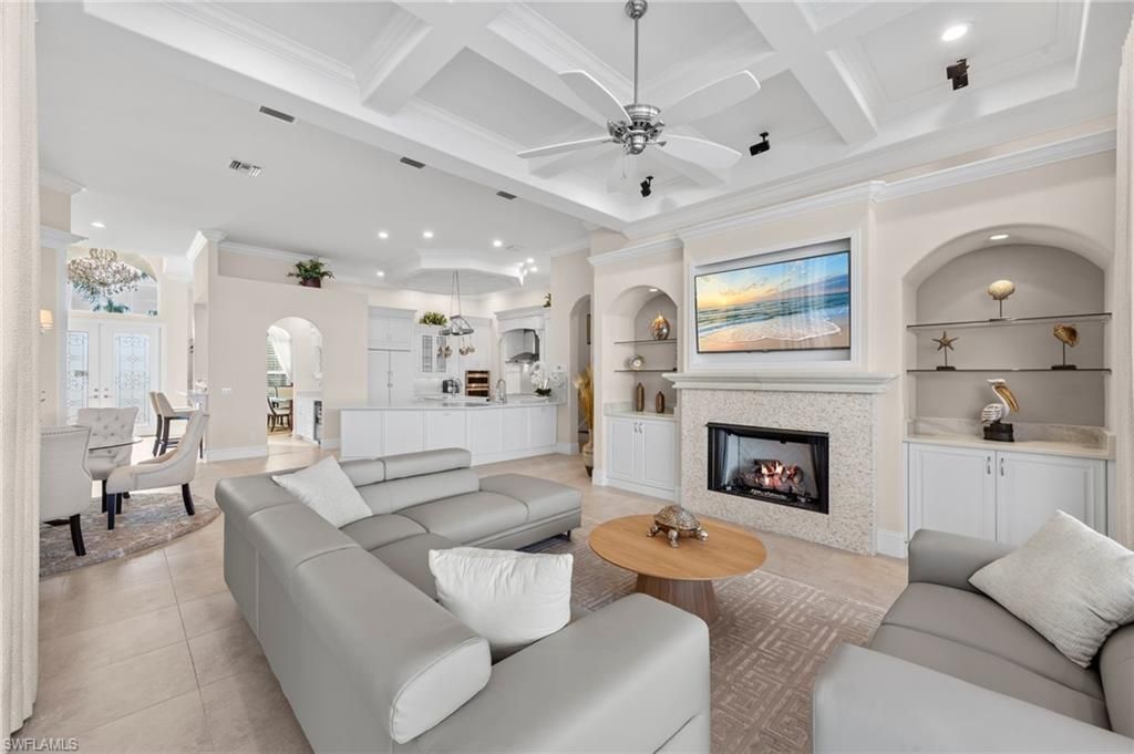 Fireplace, Interior, Kitchen, Living room, Recessed Lighting